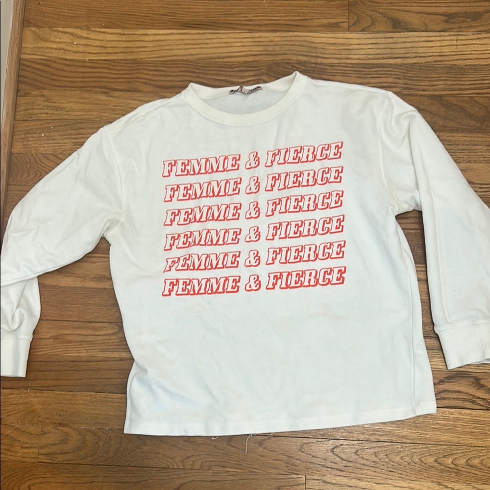 White and orange  Long Sleeve light sweat Tee with Retro Print